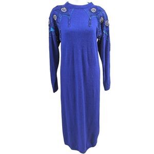 Vintage 80s Destinee cobalt blue beaded shoulder pad angora wool sweater dress S